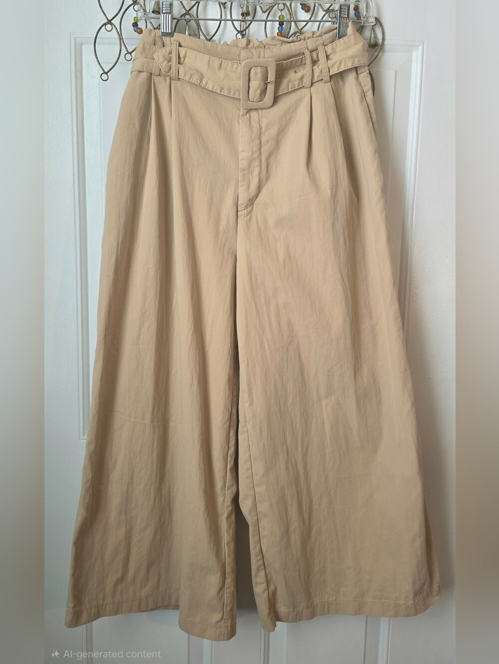 stradivarius High Waisted Belted Wide-Leg Cropped Pants Womens M Tan Lightweight